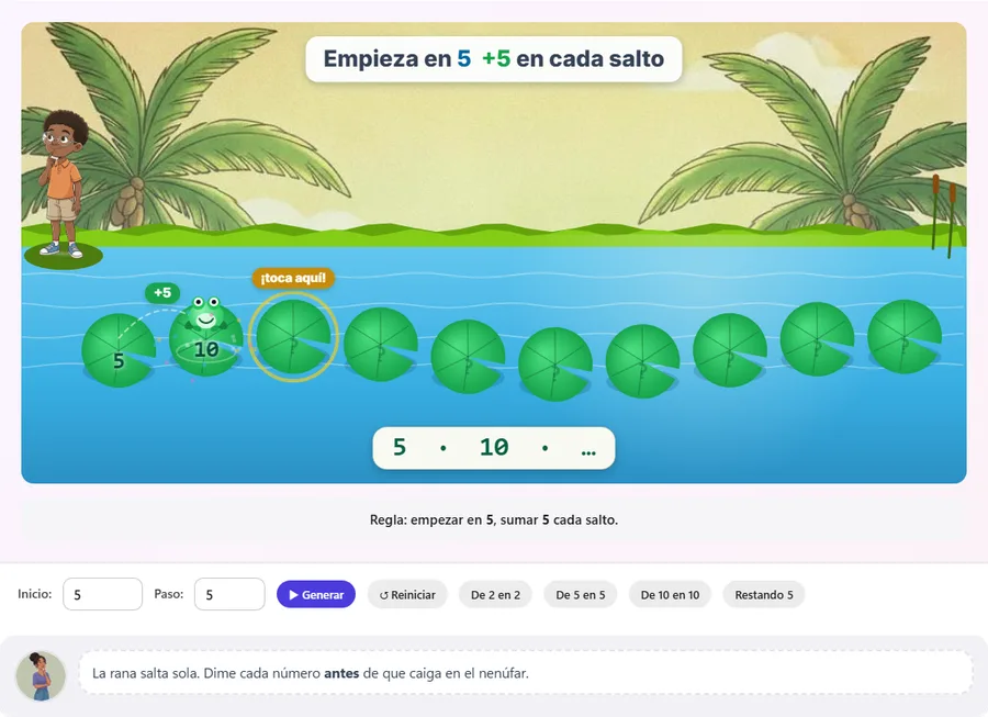 La rana saltando de 5 en 5: ya aparecen el 5, el 10 y el 15 en los nenúfares